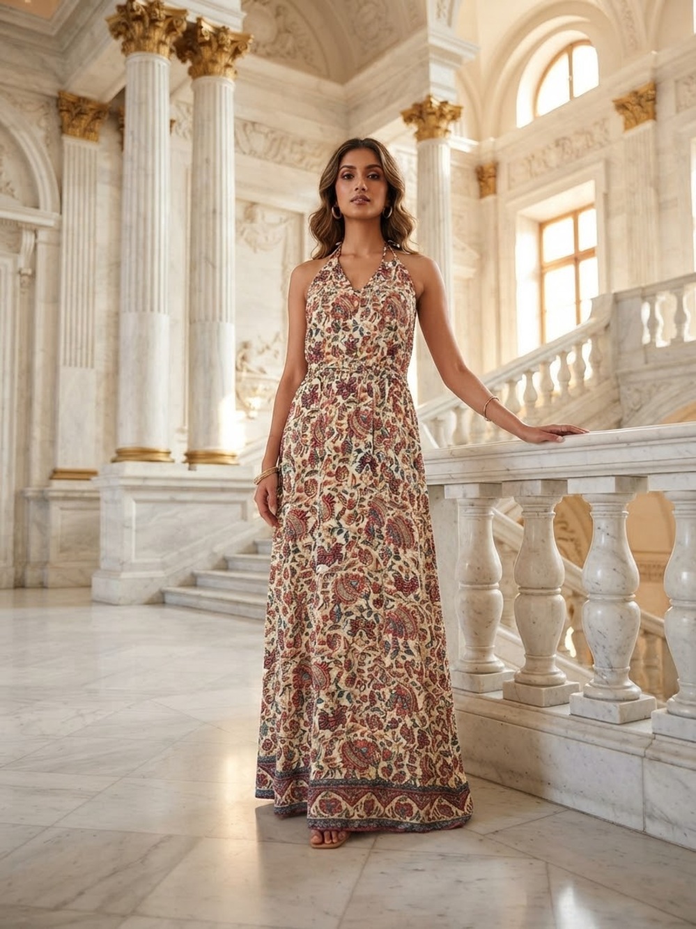Lucky Brand Paisley Halter Maxi Dress in Cream, Rust and Olive